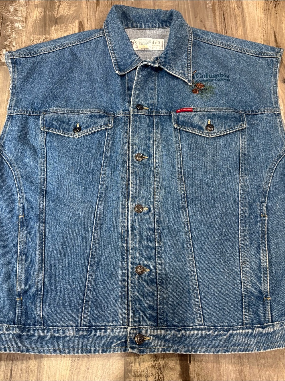Columbia Vintage 90s Denim Vest Raw Edge Made In USA SZ L Fits XL